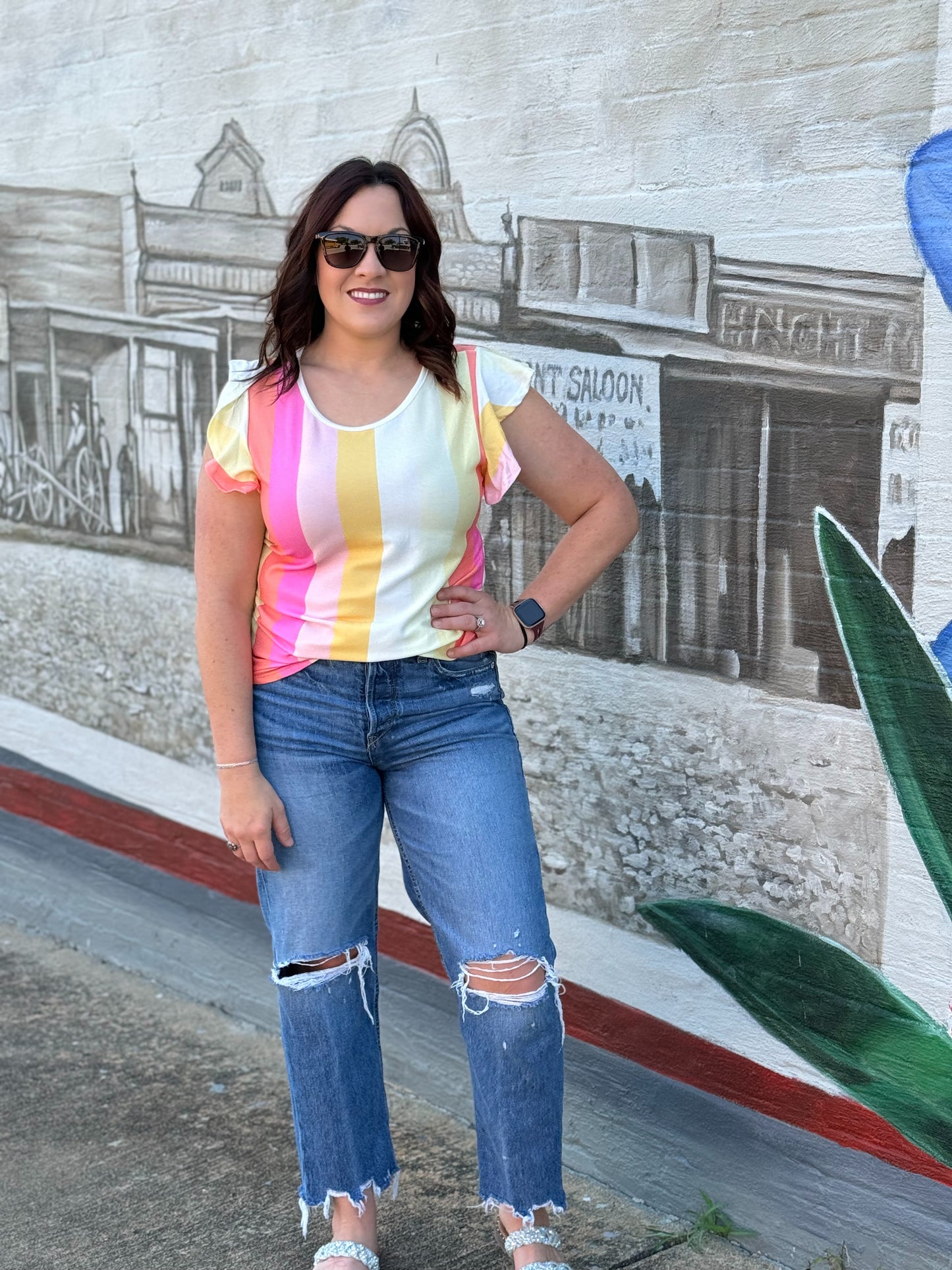 Bold stripes Ruffle Sleeve Top