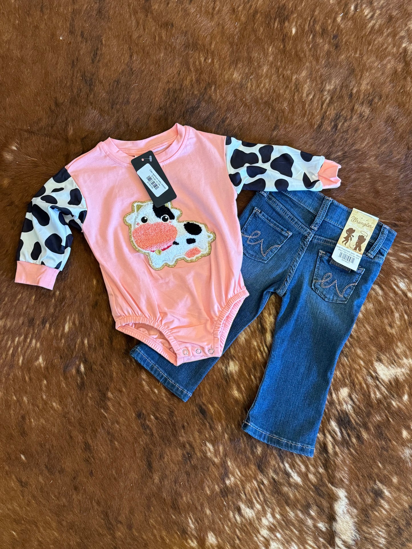 Cow applique baby onesie