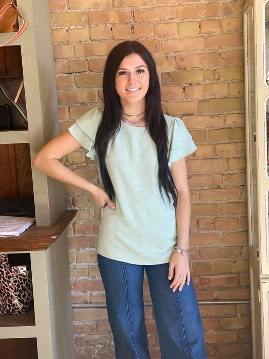 Mint Solid Top with Double Ruffled Sleeves 